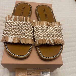 Miu Miu Raffia Rhinestone slides